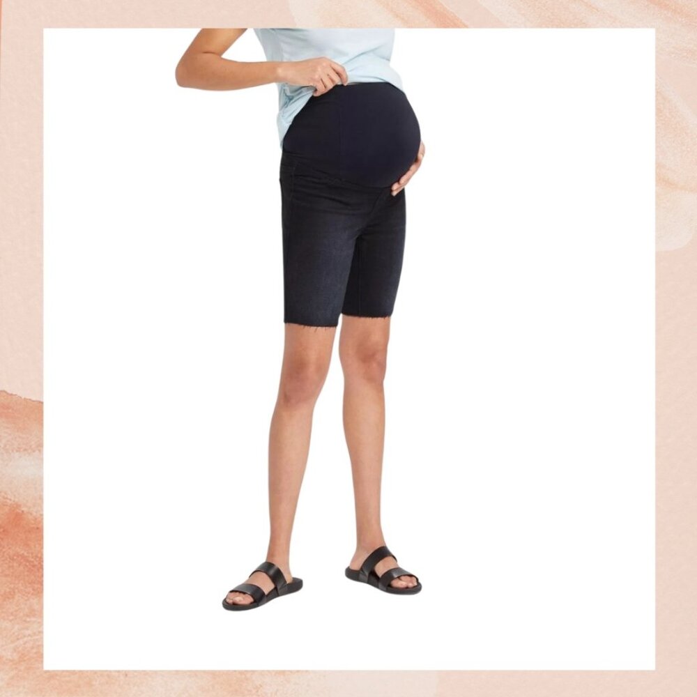Isabel Maternity Black Denim Crossover Panel Bermuda Shorts